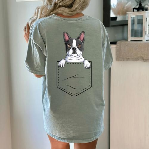 Boston Terrier In The Pocket Cute Boston Terrier Dog Lovers Men Women Girls Kids Women's Comfort Colors T-Shirt Back Print - Bostonterriersmerch.com