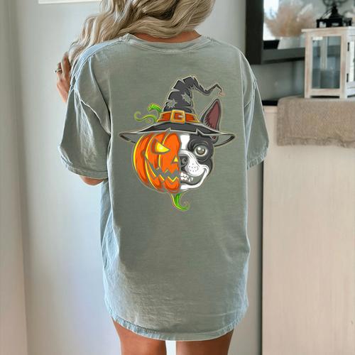 Boston Terrier Pumpkin Jack O Lantern Halloween Women's Comfort Colors T-Shirt Back Print - Bostonterriersmerch.com