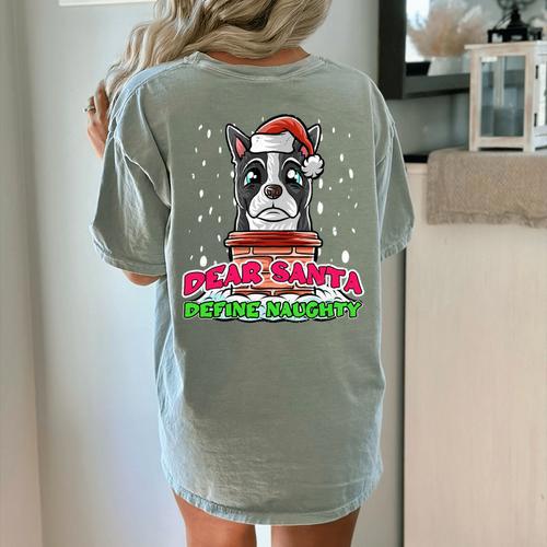 Boston Terrier Santa Claus Christmas Dog Women's Comfort Colors T-Shirt Back Print - Bostonterriersmerch.com