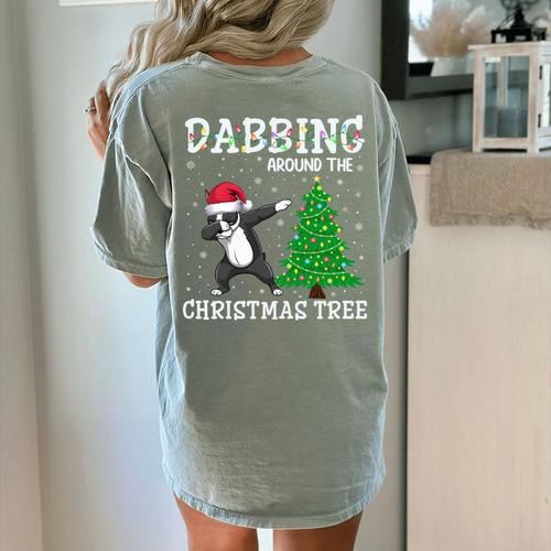 Boston Terrier Santa Hat Dabbing Around The Christmas Tree Women's Comfort Colors T-Shirt Back Print - Bostonterriersmerch.com