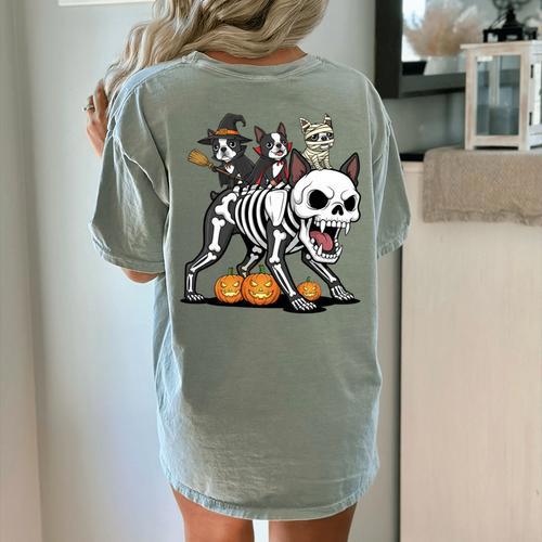 Boston Terrier Skeleton Mummy Witch Halloween Women's Comfort Colors T-Shirt Back Print - Bostonterriersmerch.com