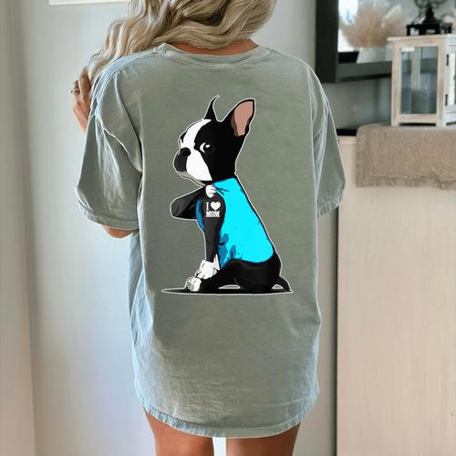 Boston Terrier Tattoos I Love Mom Women's Comfort Colors T-Shirt Back Print - Bostonterriersmerch.com