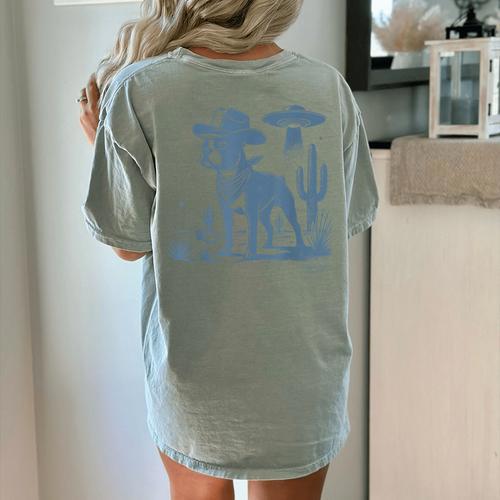 Boston Terrier UFO Cowboy Dog Dog Mom Dog Dad Alien Dog Women's Comfort Colors T-Shirt Back Print - Bostonterriersmerch.com
