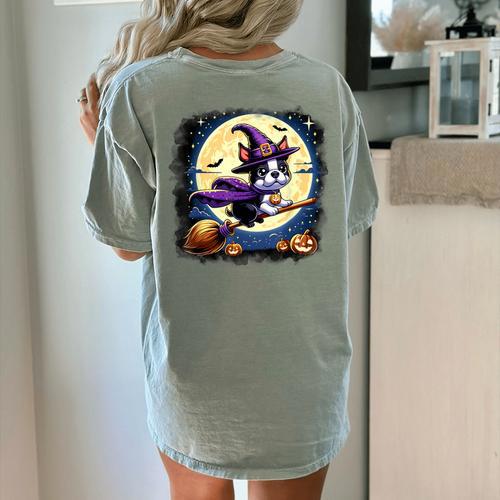 Cute Boston Terrier Halloween Costume Dog Lover Women Girls Women's Comfort Colors T-Shirt Back Print - Bostonterriersmerch.com AU
