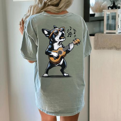 Dog Playing Guitar Singing Boston Terrier For Men Women Girls Kids Women's Comfort Colors T-Shirt Back Print - Bostonterriersmerch.com