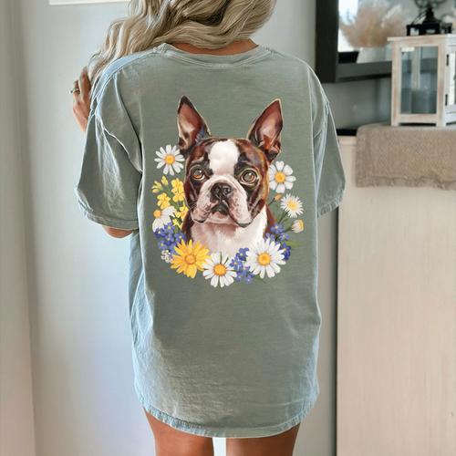 Floral Boston Terrier Women's Comfort Colors T-Shirt Back Print - Bostonterriersmerch.com