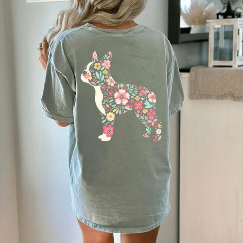 Floral FLower Boston Terrier Mom Grandma Women's Comfort Colors T-Shirt Back Print - Bostonterriersmerch.com