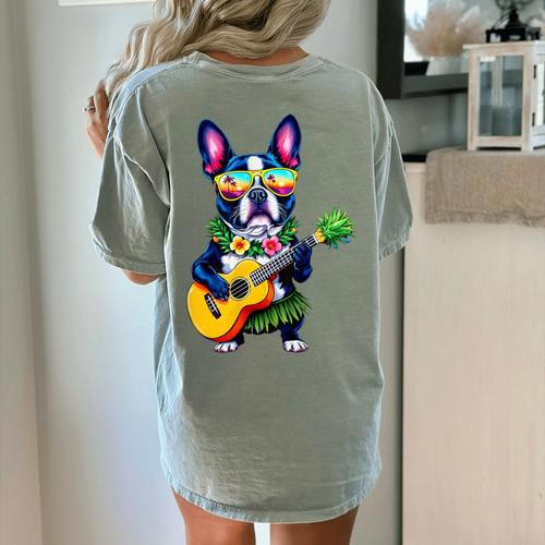 Hawaiian Boston Terrier & Pineapple Ukulele Summer Vacation Women's Comfort Colors T-Shirt Back Print - Bostonterriersmerch.com
