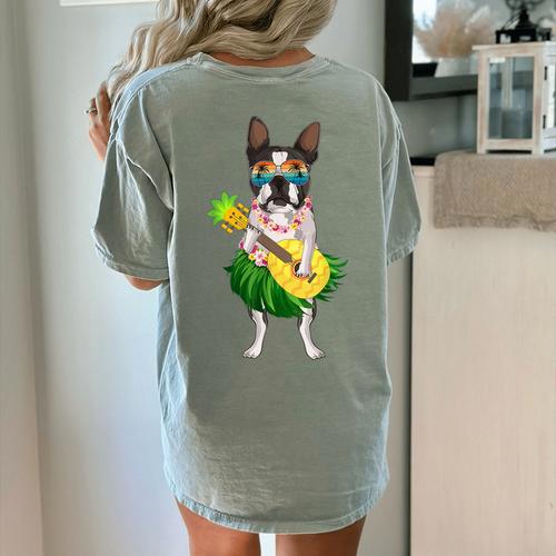 Hawaiian Boston Terrier Dog Pineapple Ukulele Summer For Men Women Girls Kids Women's Comfort Colors T-Shirt Back Print - Bostonterriersmerch.com
