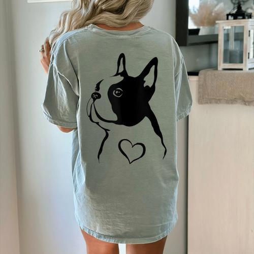 I Love My Boston Terrier Dog With Heart Women's Comfort Colors T-Shirt Back Print - Bostonterriersmerch.com