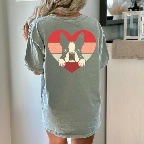 Retro Heart Boston Terrier Dog Vintage Valentine Women's Comfort Colors T-Shirt Back Print - Bostonterriersmerch.com