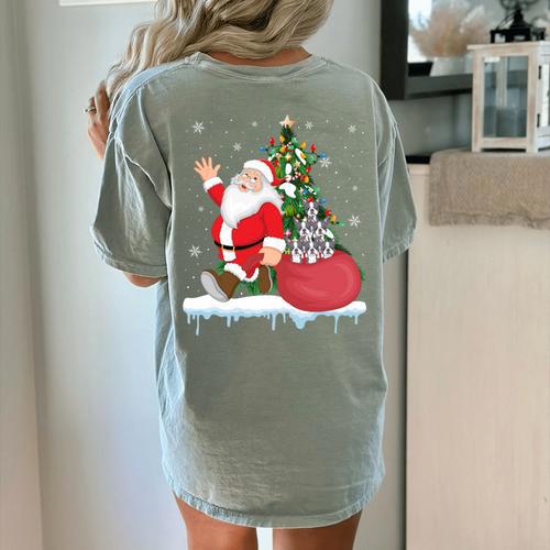 Santa Ugly Christmas Tree Lights Boston Terrier Dog Lover Women's Comfort Colors T-Shirt Back Print - Bostonterriersmerch.com