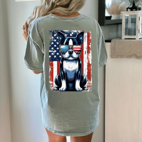 Vintage Boston Terrier Dog American USA US Flag Pets Lovers Women's Comfort Colors T-Shirt Back Print - Bostonterriersmerch.com