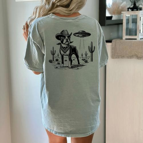 Vintage Boston Terrier UFO Western Wild West Dog Mom Dad Women's Comfort Colors T-Shirt Back Print - Bostonterriersmerch.com