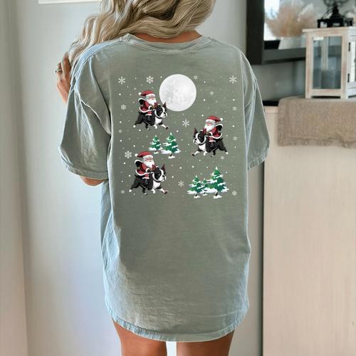 Xmas Tree Santa Riding Boston Terrier Christmas Women's Comfort Colors T-Shirt Back Print - Bostonterriersmerch.com