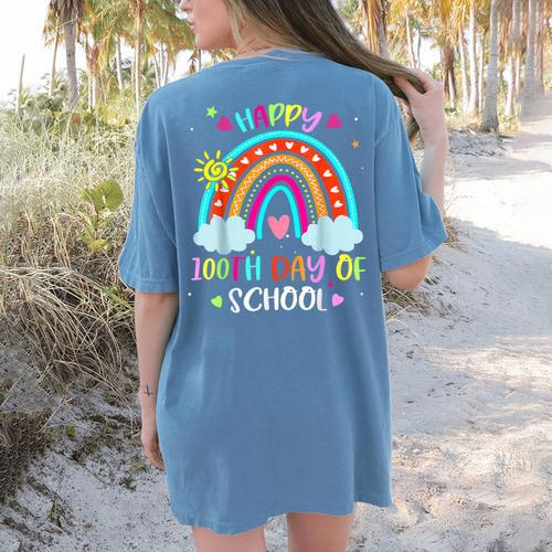 100th Day Of School Rainbow Happy 100 Days Smarter Teacher Women's Comfort Colors T-Shirt Back Print - teacherstshirts.com UK