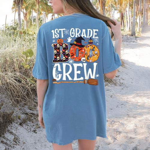 1st Grade Boo Crew Cute Ghost Halloween Teacher Kids Women's Comfort Colors T-Shirt Back Print - teacherstshirts.com DE
