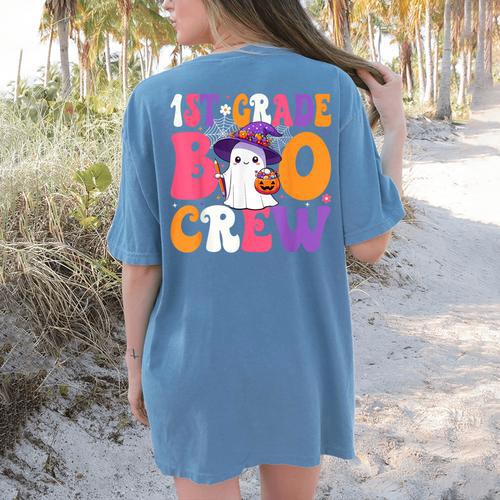 1st Grade Boo Crew Halloween First Grade Halloween Teacher Women's Comfort Colors T-Shirt Back Print - teacherstshirts.com