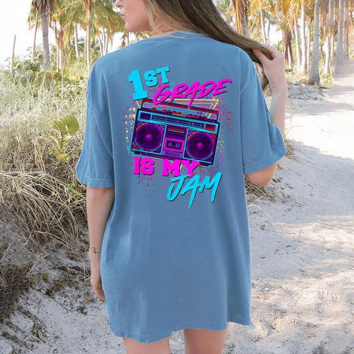 1st Grade Is My Jam Vintage 80s 80's Teacher Student Retro Women's Comfort Colors T-Shirt Back Print - teacherstshirts.com AU