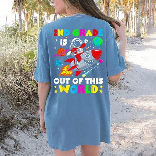 2nd Grade Is Out Of This World Space Rocket Planets Teacher Women's Comfort Colors T-Shirt Back Print - teacherstshirts.com UK