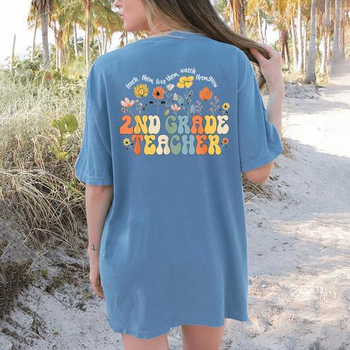 2nd Second Grade Teacher Appreciation Teaching Wildflowers Women's Comfort Colors T-Shirt Back Print - teacherstshirts.com AU