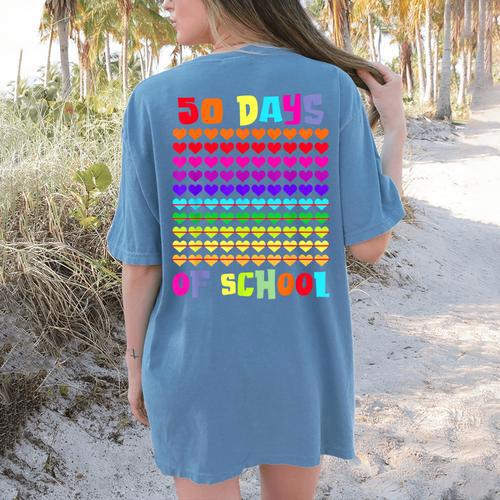 50 Days Of School Hearts Teacher Happy 50th Day Of School Women's Comfort Colors T-Shirt Back Print - teacherstshirts.com UK