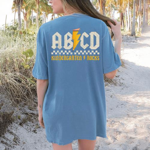 ABCD Kindergarten Rocks Pencil Lightning Students Teachers Women's Comfort Colors T-Shirt Back Print - teacherstshirts.com