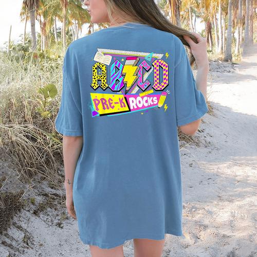 ABCD Pre-K Rocks Back To School PreK Kindergarten Teacher Women's Comfort Colors T-Shirt Back Print - teacherstshirts.com