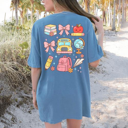 Back To School Coquette Teacher Women Girl Kindergarten PreK Women's Comfort Colors T-Shirt Back Print - teacherstshirts.com