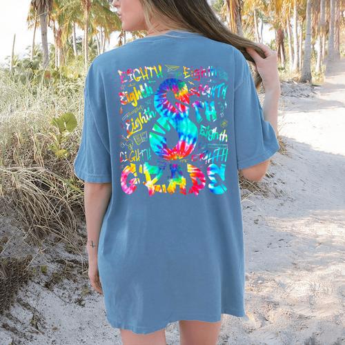 Back To School Eighth 8th Grade Tie Dye Typography Teacher Women's Comfort Colors T-Shirt Back Print - teacherstshirts.com AU