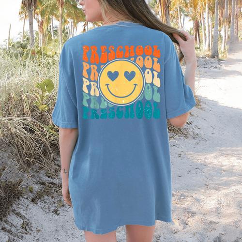 Back To School Groovy Smile Preschool Teachers Students Kids Women's Comfort Colors T-Shirt Back Print - teacherstshirts.com AU