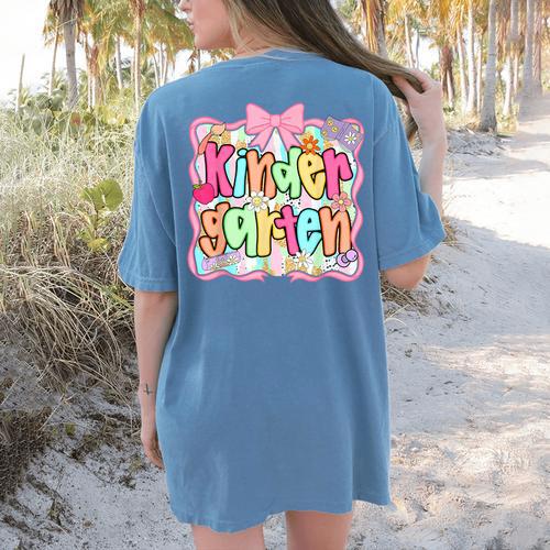Back To School Kindergarten Preppy Teacher Girl Women's Comfort Colors T-Shirt Back Print - teacherstshirts.com