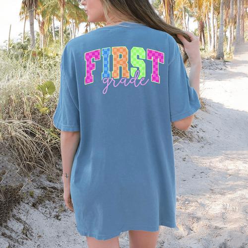 Back To School Neon Checkered First Grade Colorful Teacher Women's Comfort Colors T-Shirt Back Print - teacherstshirts.com UK