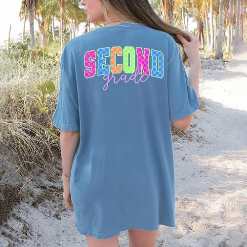 Back To School Neon Checkered Second Grade Colorful Teacher Women's Comfort Colors T-Shirt Back Print - teacherstshirts.com UK