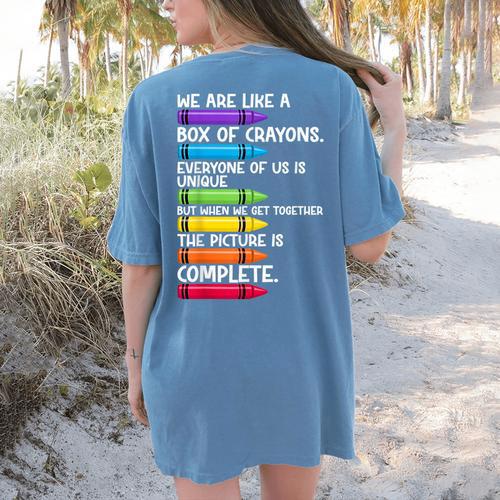 Back To School Teacher We Are Like A Box Of Crayons Women's Comfort Colors T-Shirt Back Print - teacherstshirts.com AU