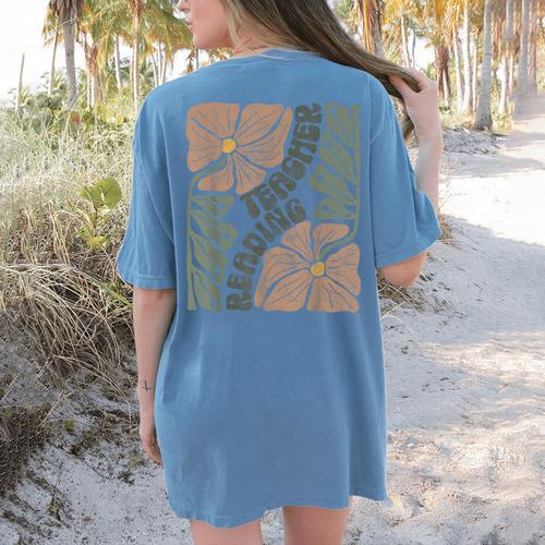 Boho Floral Reading Teacher Retro Reading Specialist Wildfl Women's Comfort Colors T-Shirt Back Print - teacherstshirts.com AU