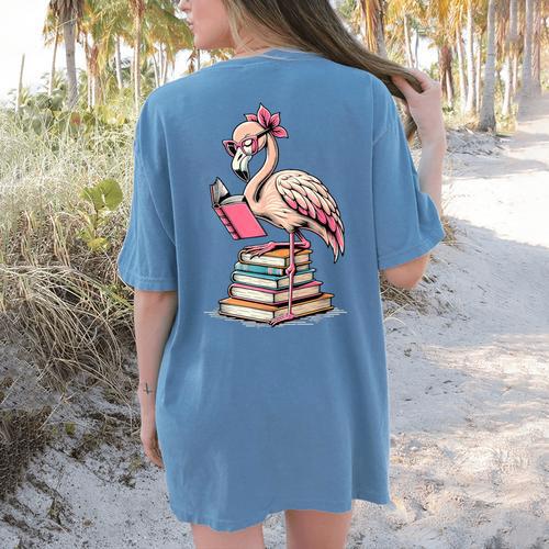 Book Lover Cute Flamingo Reading Teacher Librarian Women Women's Comfort Colors T-Shirt Back Print - teacherstshirts.com CA