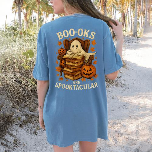 Books Are Spooktacular Ghost Book Reading Halloween Teachers Women's Comfort Colors T-Shirt Back Print - teacherstshirts.com AU