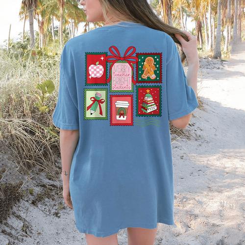 Christmas Teacher Stamps Women's Comfort Colors T-Shirt Back Print - teacherstshirts.com CA