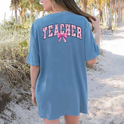 Coquette Bow Back To School First Day Teacher Women's Comfort Colors T-Shirt Back Print - teacherstshirts.com
