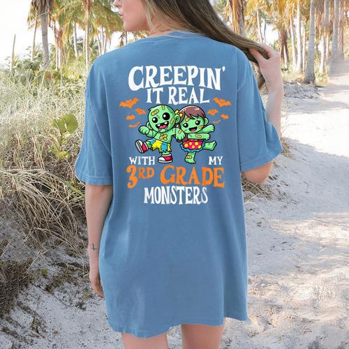Creepin It Real Monster School 3rd Grade Teacher Halloween Women's Comfort Colors T-Shirt Back Print - teacherstshirts.com UK