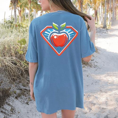 Cute Distressed Super Teacher Superhero Apple Women's Comfort Colors T-Shirt Back Print - teacherstshirts.com CA