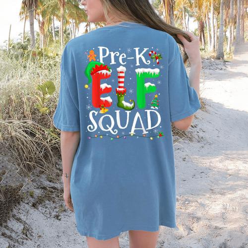 Elf Squad Pre-k Teacher Christmas Child Xmas Women's Comfort Colors T-Shirt Back Print - teacherstshirts.com DE
