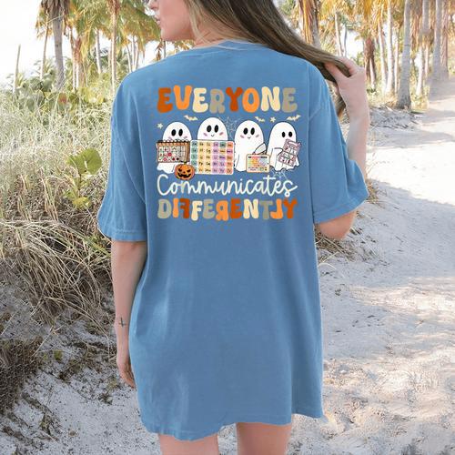 Everyone Communicates Differently Halloween Sped Teacher Women's Comfort Colors T-Shirt Back Print - teacherstshirts.com UK
