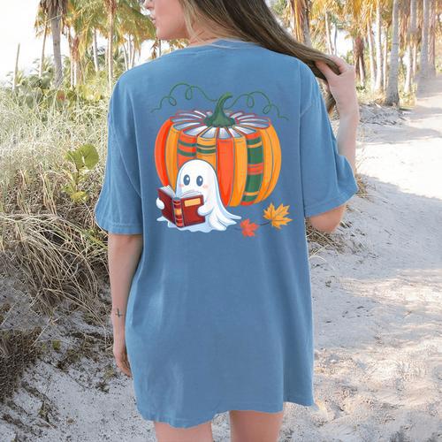 Fall Book Pumpkin Ghost Reading Books Halloween Teacher Women's Comfort Colors T-Shirt Back Print - teacherstshirts.com AU