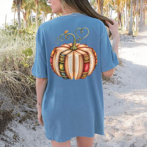 Fall Book Pumpkin Fall Librarians Bookworm Teachers Students Women's Comfort Colors T-Shirt Back Print - teacherstshirts.com AU