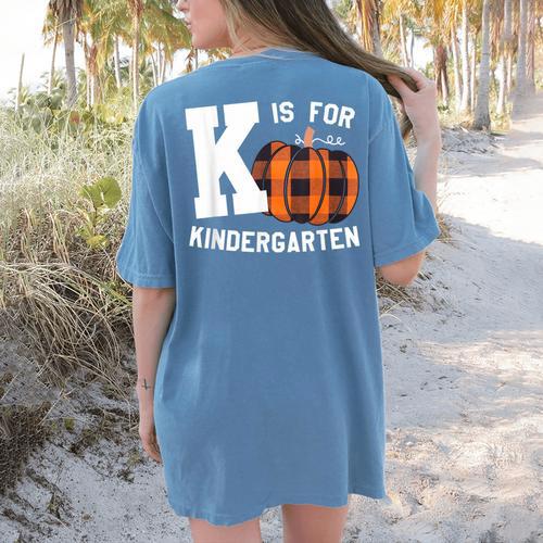 Fall Kindergarten Teacher K Is For Buffalo Plaid Pumpkin Women's Comfort Colors T-Shirt Back Print - teacherstshirts.com UK