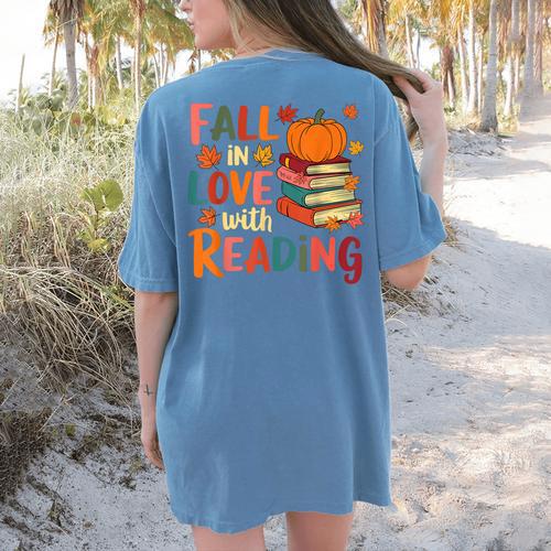 Fall In Love With Reading Autumn Thanksgiving Shirt Teacher Women's Comfort Colors T-Shirt Back Print - teacherstshirts.com AU