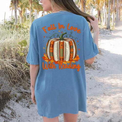 Fall In Love With Reading Pumpkin Autumn Librarians Teacher Women's Comfort Colors T-Shirt Back Print - teacherstshirts.com CA