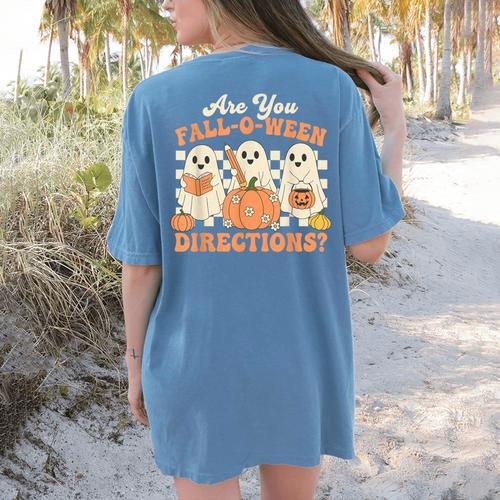 Are You Fall O Ween Directions Halloween Teacher Women's Comfort Colors T-Shirt Back Print - teacherstshirts.com CA